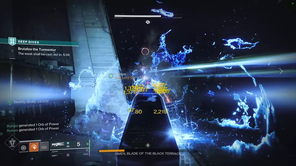 Three Guardians shoot Omen, Blade of the Black Terrace using Divinity and Thunderlords