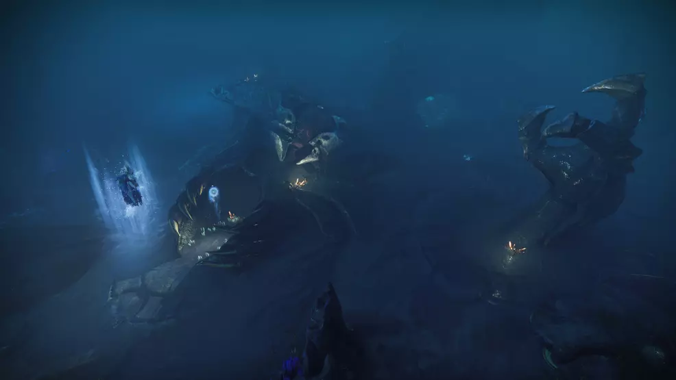 Oryx's body lies on the ocean floor of Titan while a Hive Witch performs a ritual