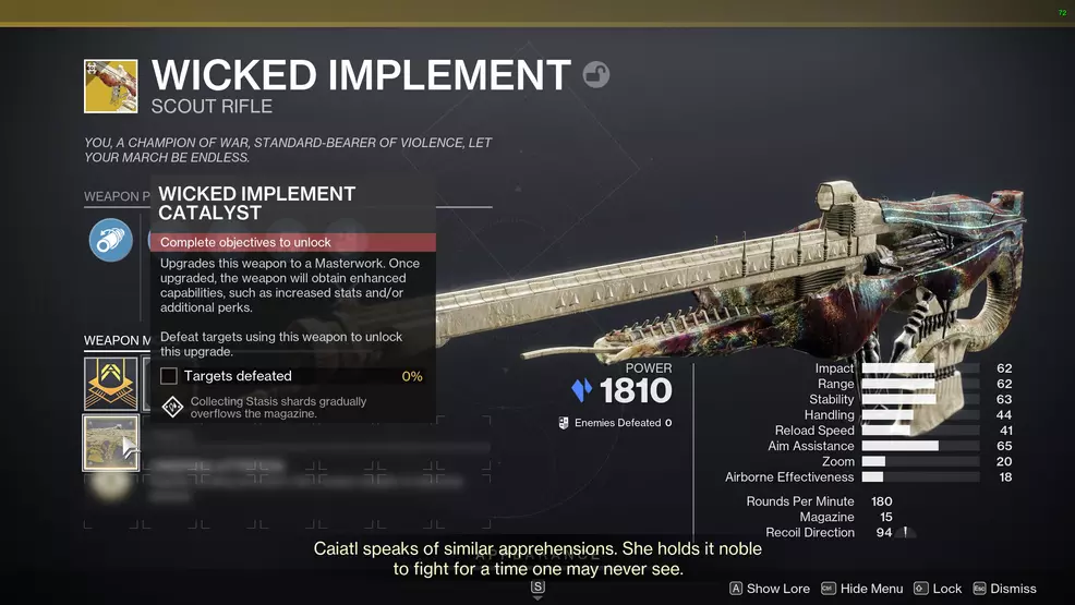 Inspecting Wicked Implement and highlighting its Exotic Catalyst