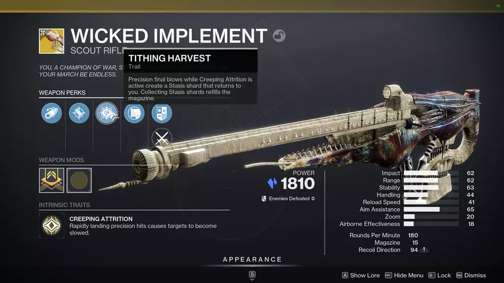 Wicked Implement with its Exotic perks highlighted