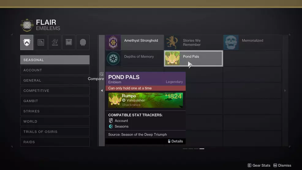 An image showing the Pond Pals emblem in the Collections of Destiny 2