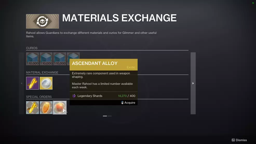 Master Rahool's shop screen showing Ascendant Alloy