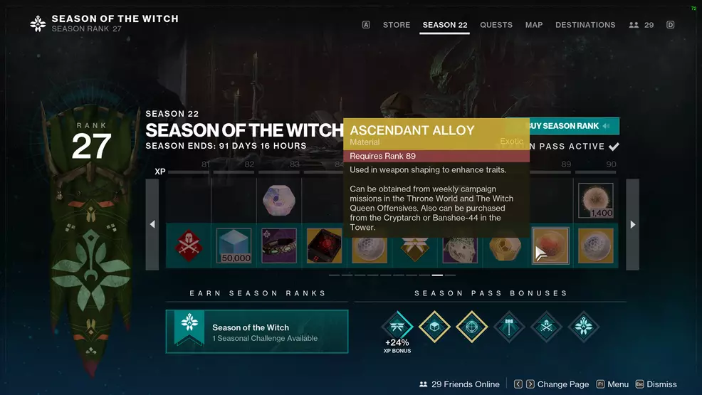 The Season Pass reward track showing Ascendant Alloy as a reward