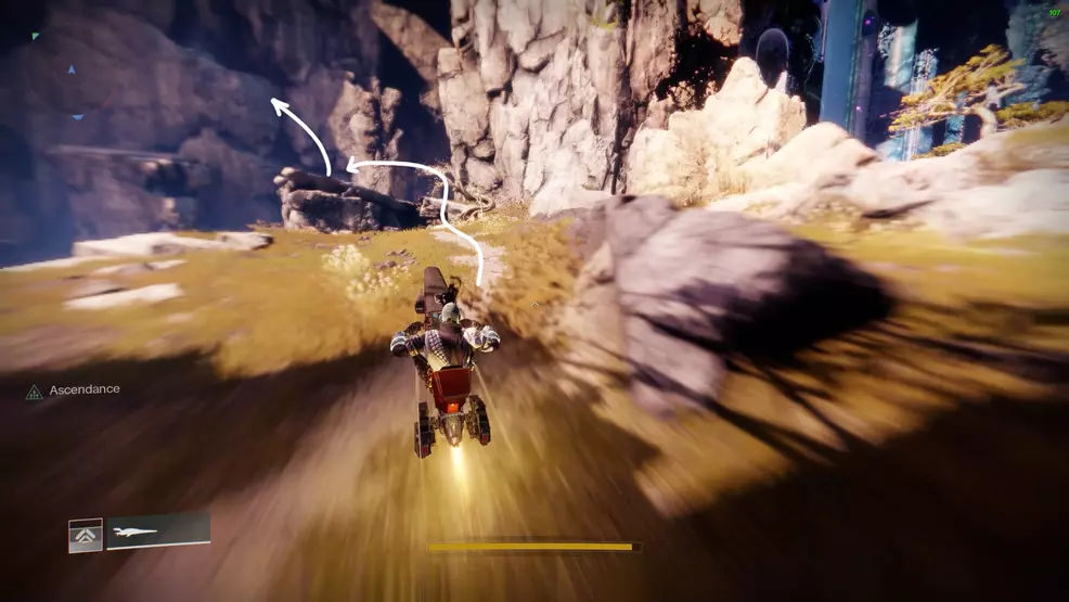 The player on a Sparrow riding toward the cliff in Divalian Mists