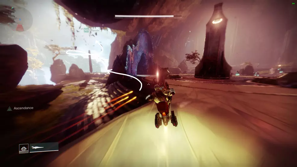 Player rides a Sparrow through Harbinger's Seclude, an arrow points left of the statue