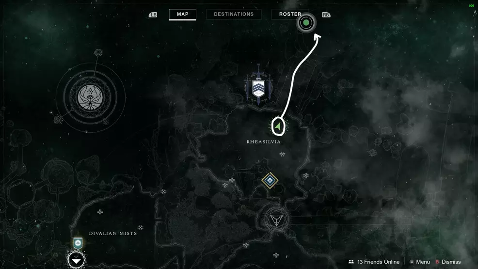 A map of the Dreaming City with an arrow painting the way to Harbinger's Seclude