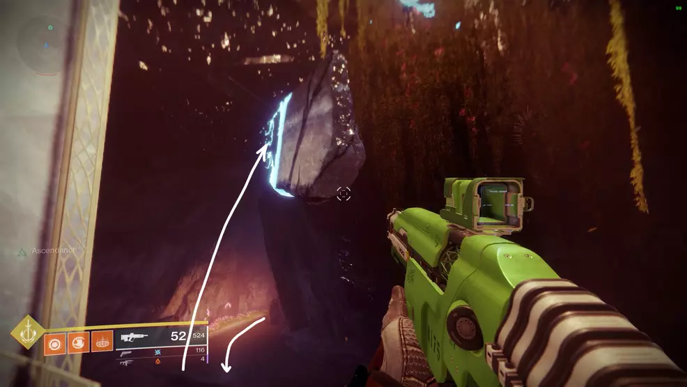 Arrows showing the route into the Lost Sector and how to reach the platforms