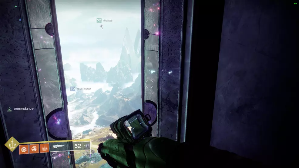 The player jumps up above the Divalian Mists door to floating platforms