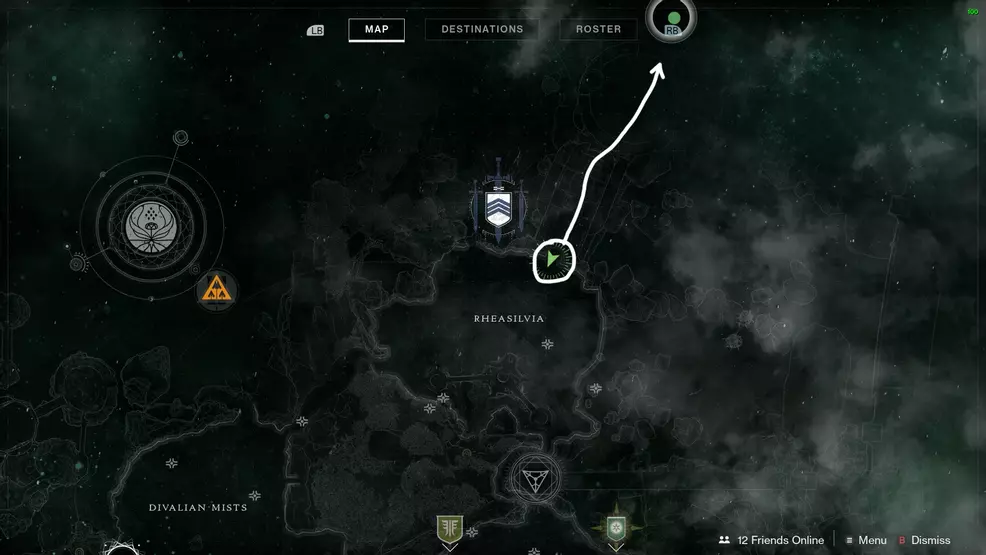 The map of Rheasilvia with an arrow leading to Harbinger's Seclude