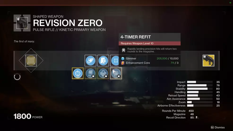 Revision Zero being crafted at the Relic in Destiny 