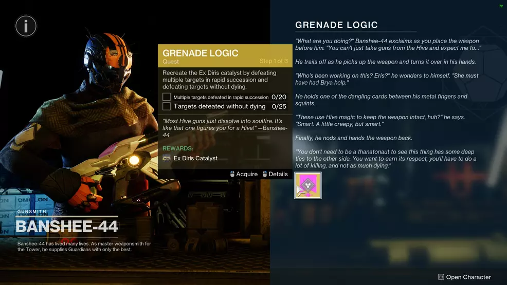 Banshee-44 offering the Ex Diris Grenade Logic quest