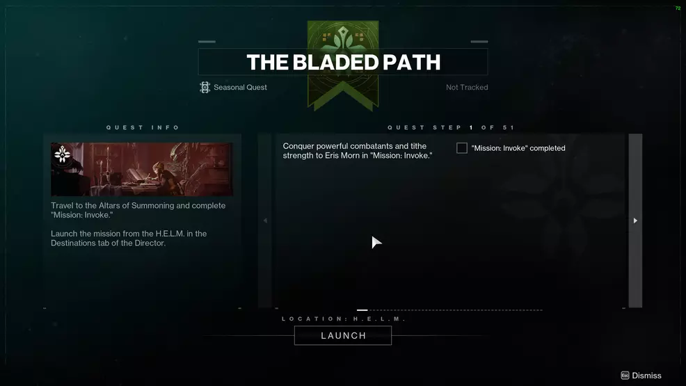 The Bladed Path step 1 quest screen