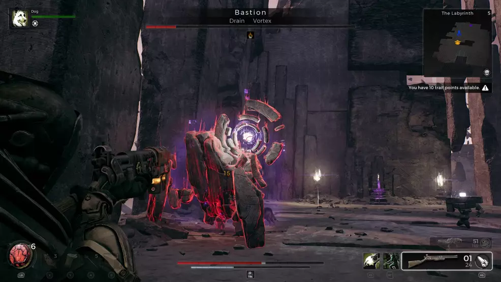 The player fights Bastion with the Labyrinth Staff on a plinth behind it