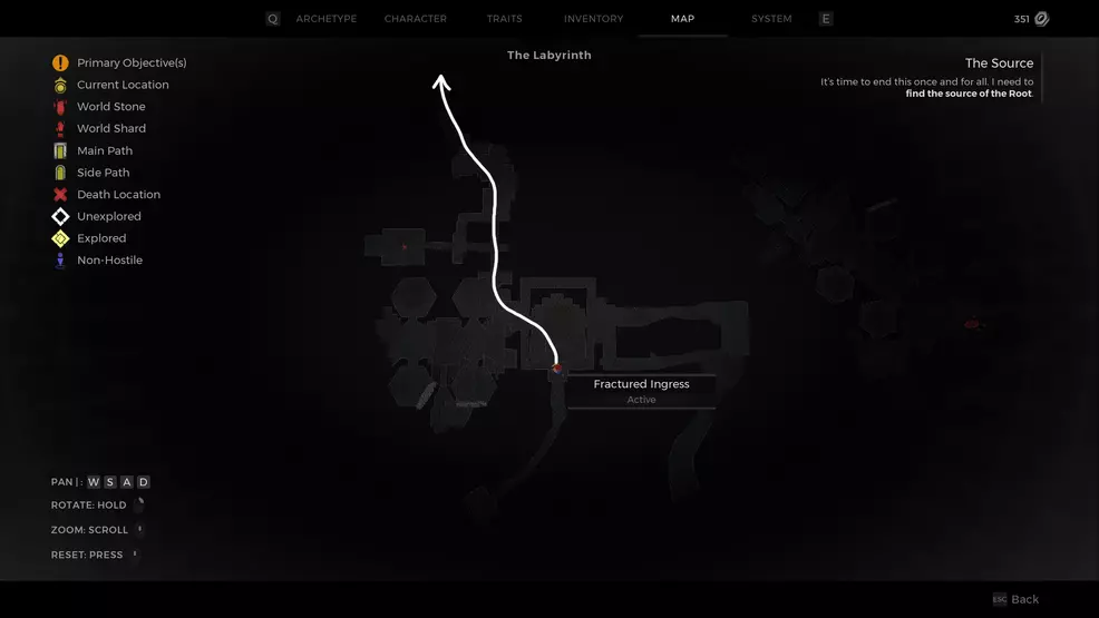 Map of the Fractured Ingress in the Labyrinth with an arrow showing how to reach Bastion