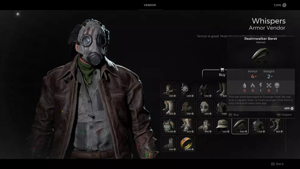 Whispers' inventory in Remnant 2 showing the Realmwalker armor