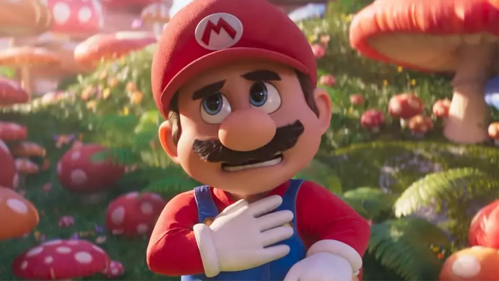 Screenshot from the Mario Movie of Mario grabbing his chest.