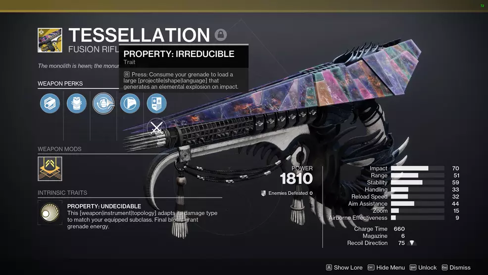 Tessellation's perks shown on the inspection screen