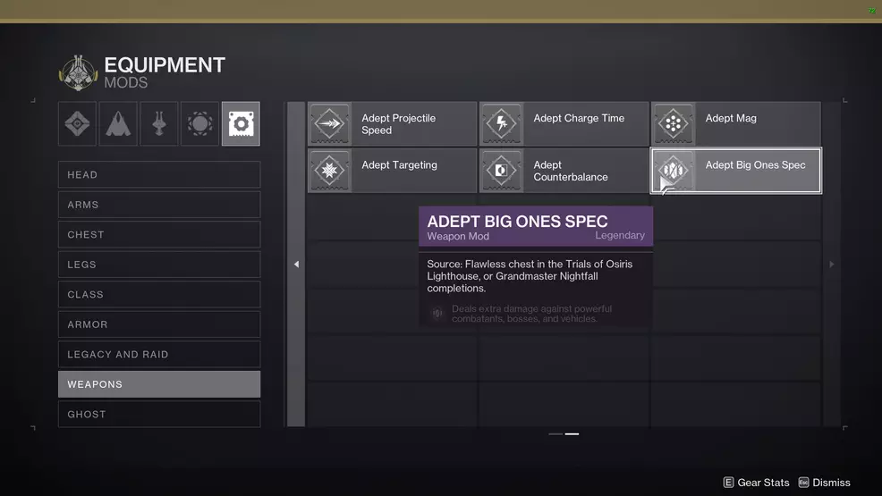 Collections screen showing the Adept Big Ones Spec mod