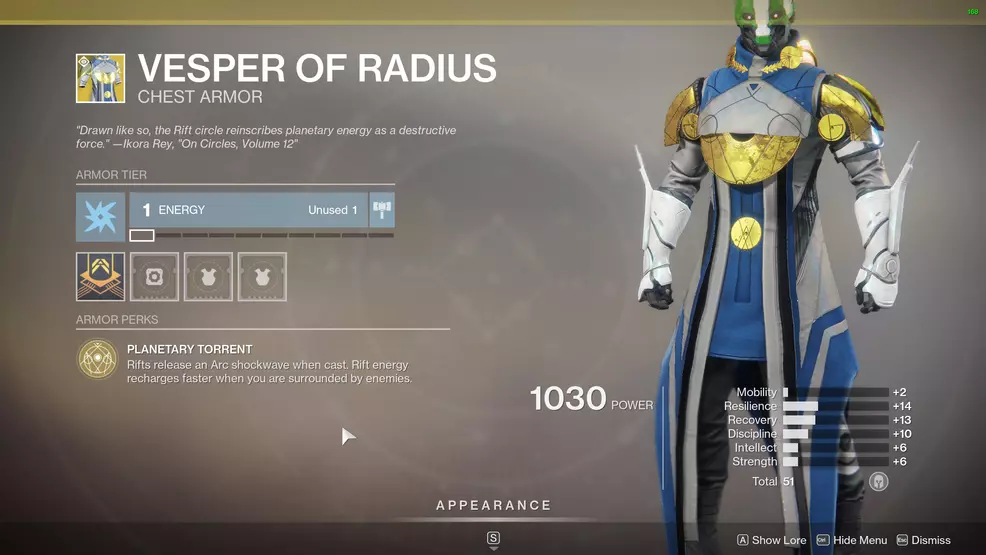 Inspecting the Vesper of Radius Warlock Exotic chest piece