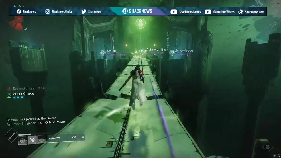 A Warlock prepares to run across the bridge in Crota's End