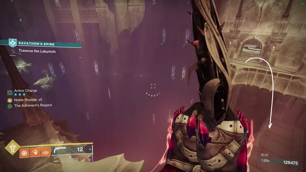 An arrow points over the edge of the tower down to a lower level