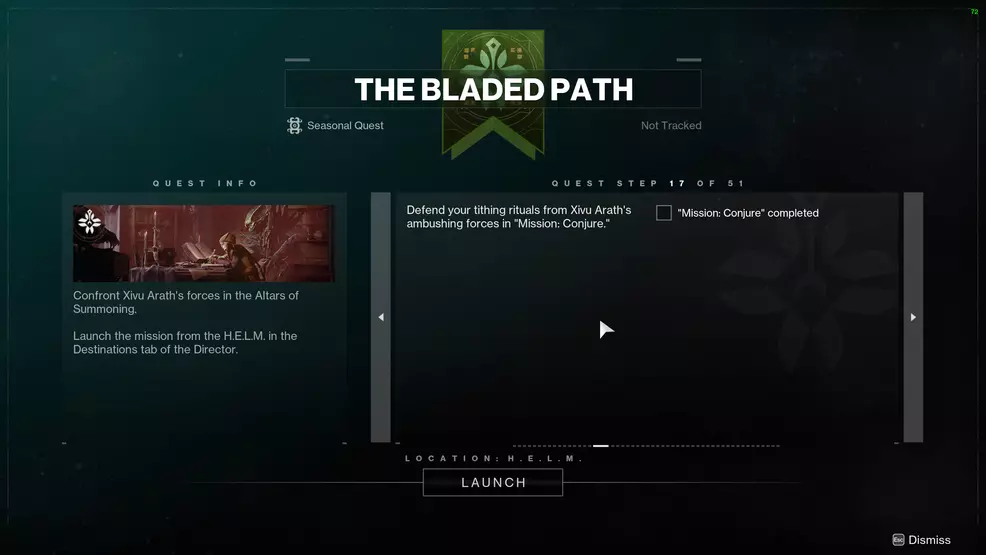 The quest screen of The Bladed Path week 3 showing the mission Conjure