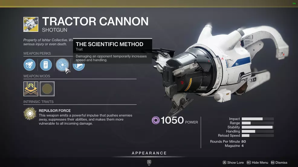 Tractor Cannon showing its Exotic perks