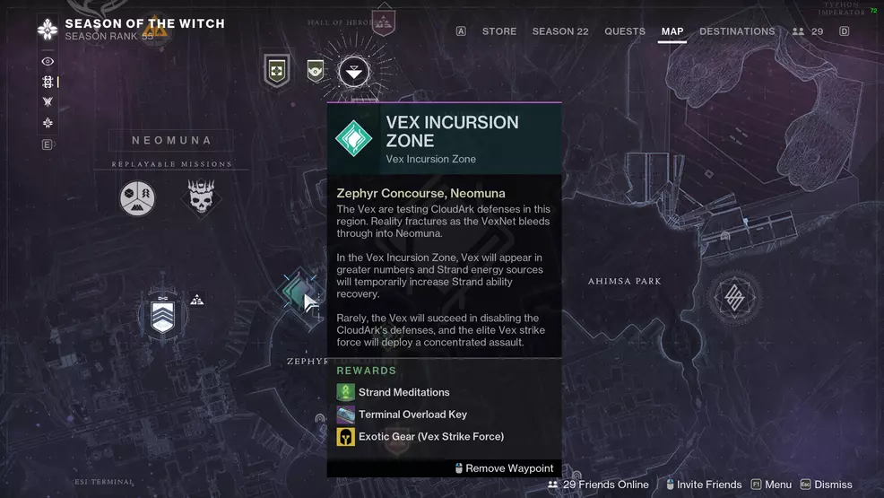 The Vex Incursion Zone marker highlighted on the Neomuna map