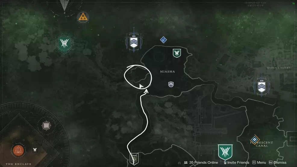 A map of Savathun's Throne world with the starting point of the Vow of the Disciple raid circled