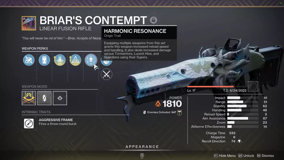 Briar's Contempt with Harmonic Resonance highlighted