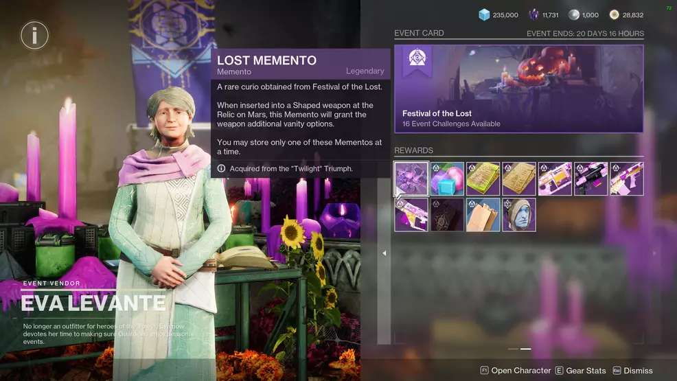 Eva Levante's inventory showing the Lost Memento