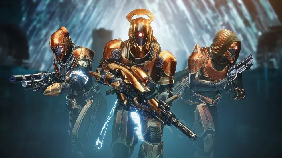 Three Guardians in Vault of Glass armor, a Titan holds Vex Mythoclast