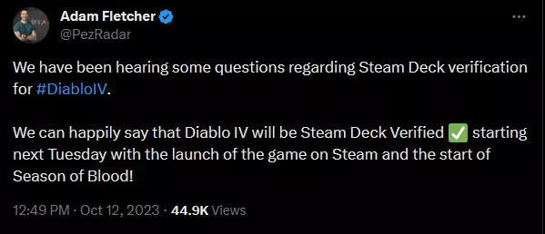 Diablo 4 Global Community Development Director Adam Fletcher's tweet about Steam Deck Verification