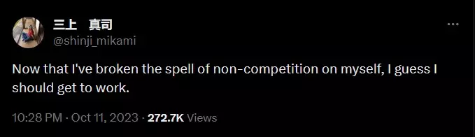 Shinji Mikami's tweet about returning to work