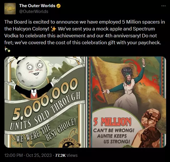 Obsidian Entertainment's tweet about The Outer Worlds selling over 5 million units