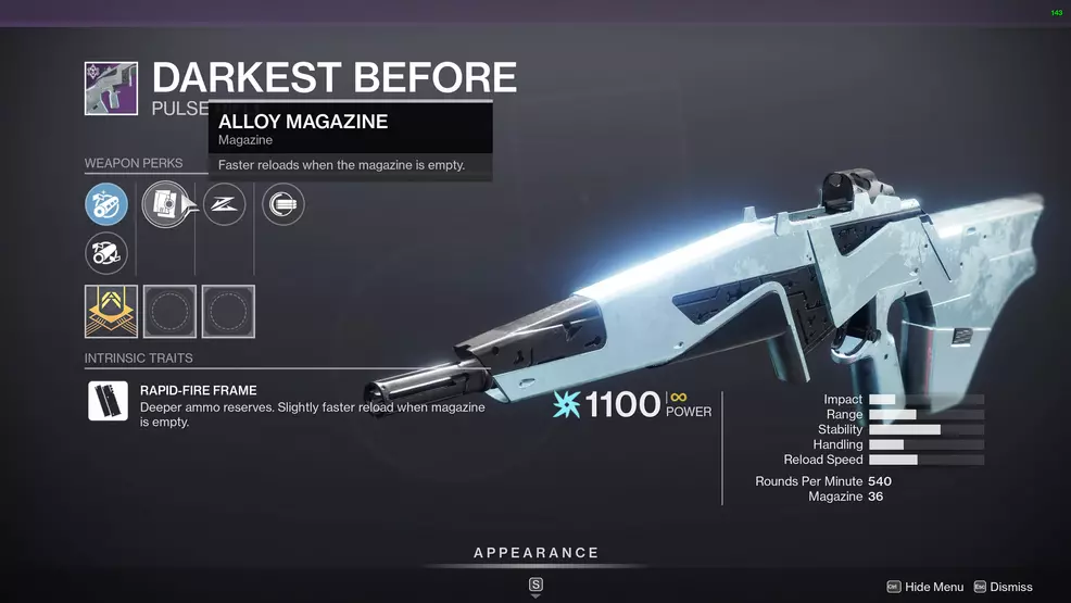 Inspecting a Darkest Before roll in Destiny 2