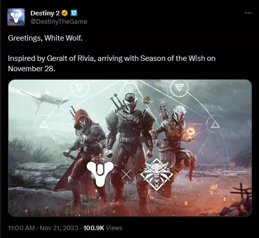 Bungie tweet about the upcoming Destiny 2 x The Witcher cosmetics