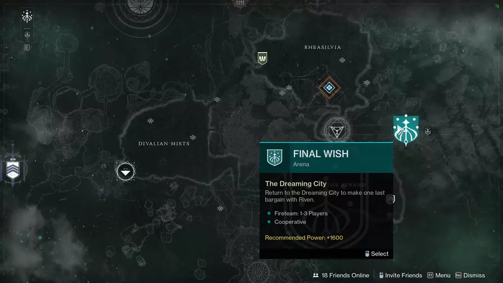 Final Wish mission shown on the Dreaming City map