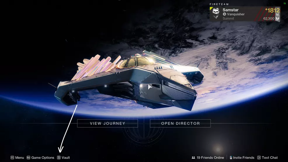 The Orbit screen from Destiny 2 with an arrow highlighting the Vault option