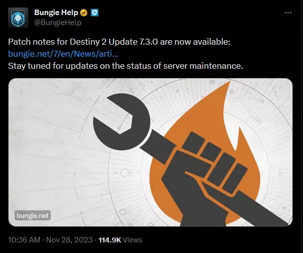 Bungie's tweet about Destiny 2 Update 7.3.0 patch notes