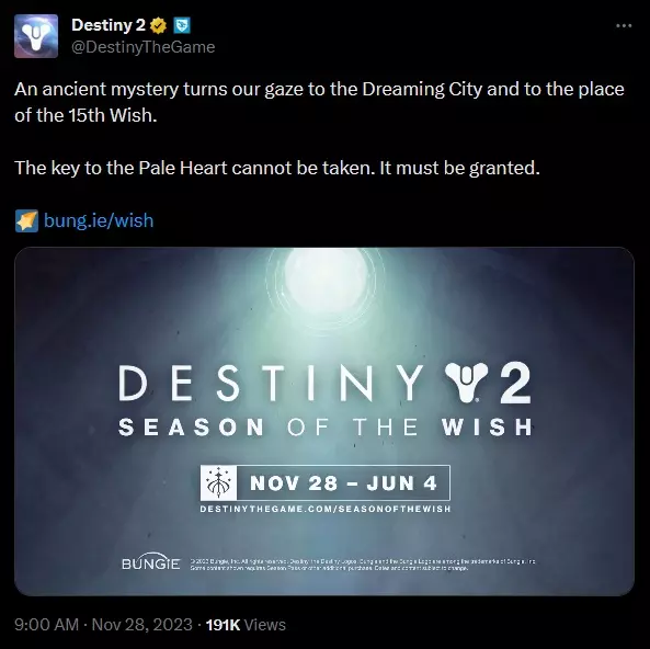 Destiny 2's tweet about the Season of the Wish.