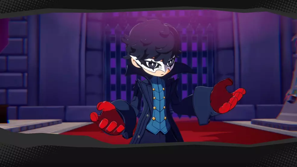 Joker from Persona 5 is standing on a large red carpet, looking at his gloves with confusion