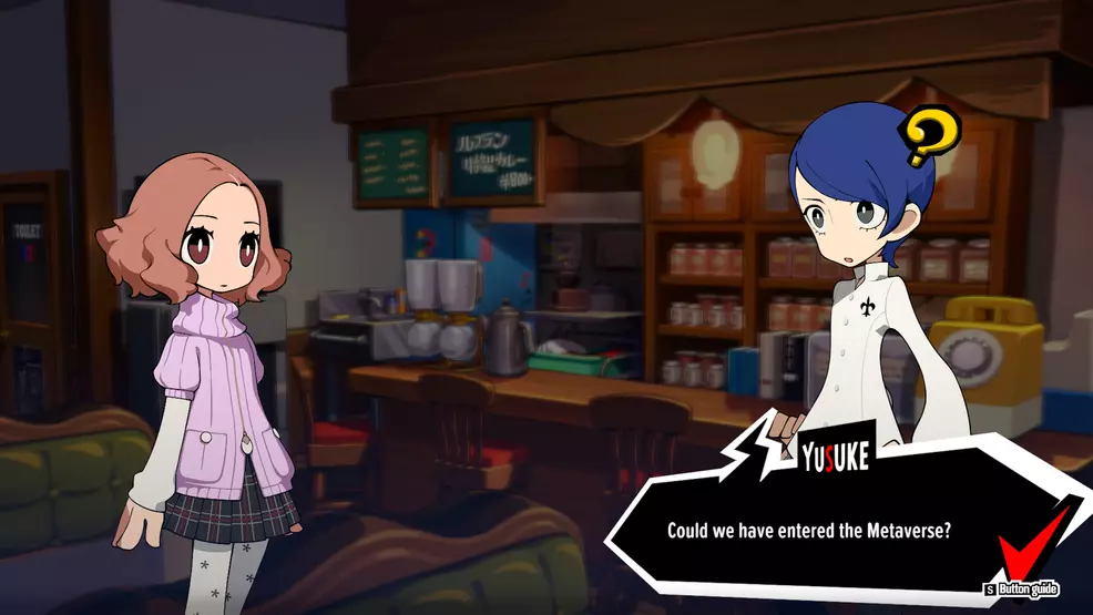 Yusuke and Haru from Persona 5 are standing in a cafe
