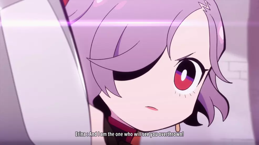 A close-up face shot of an anime woman with short pink hair