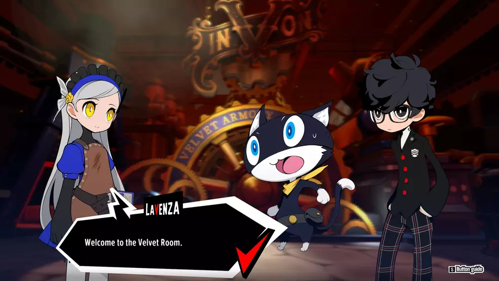 An anime woman in a blue dress and red furnace apron is standing in a room with large machinery