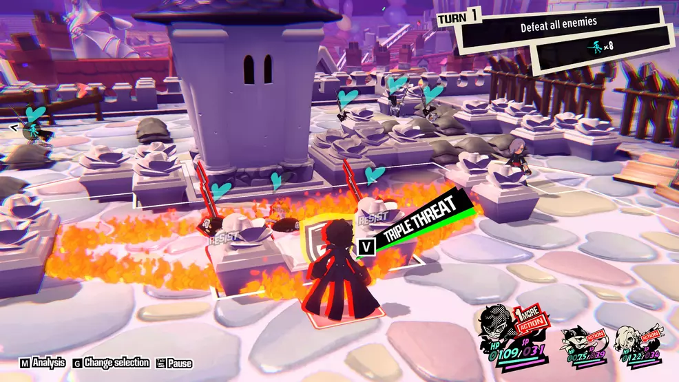 A trio of anime characters surrounds a fallen shadow, ready to perform a Triple Threat attack