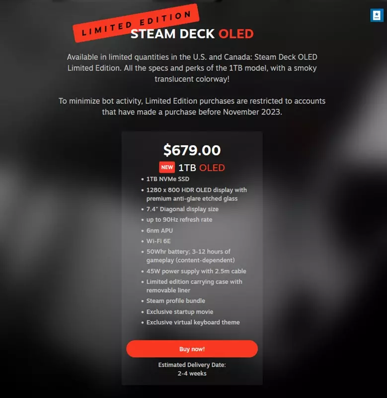 Steam Deck OLED 1TB LE Edition Steam page with the Buy button active and the delivery window adjusted.