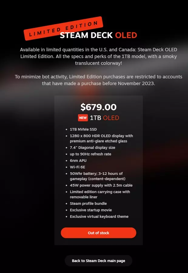 The Steam Deck OLED 1TB LE store page with a prominent