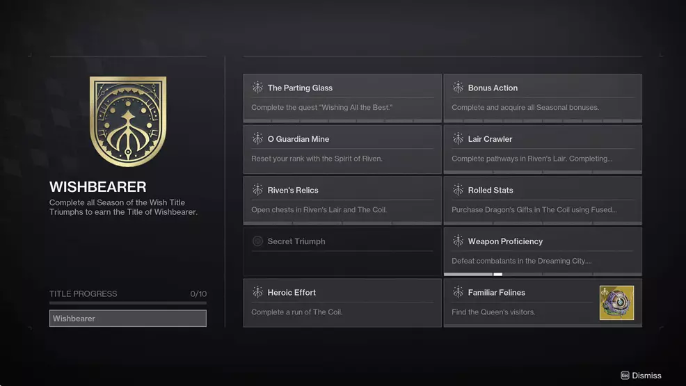 An image showing the Triumphs to unlock the Wishbearer Title in Destiny 2