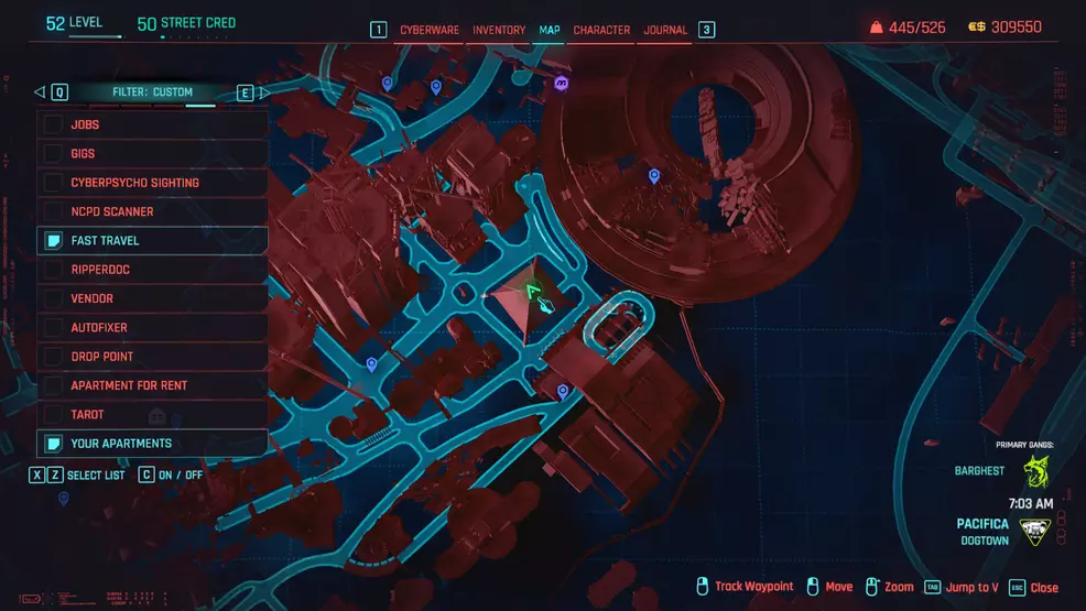 A map marking the location of the Heavy Hearts Club in Dogtown.